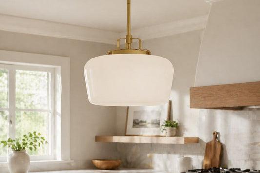 Opal glass lighting in a farmhouse style kitchen