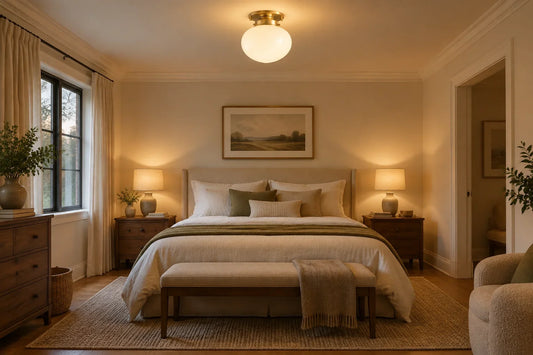 Wide calm bedroom scene with a centered opal glass ceiling light and layered bedside lighting