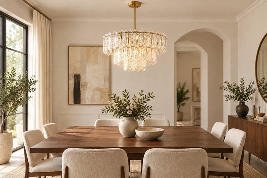 Gold and clear Vienna chandelier mounted flush to the ceiling above a walnut dining table
