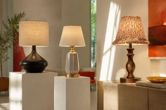 Collection of premium fabric lighting fixtures (pendant and table lamp) creating a warm, cozy living room ambiance.