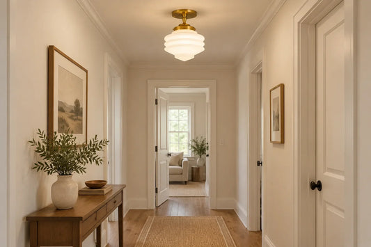 Wide hallway scene with a correctly installed ribbed glass flush mount ceiling light