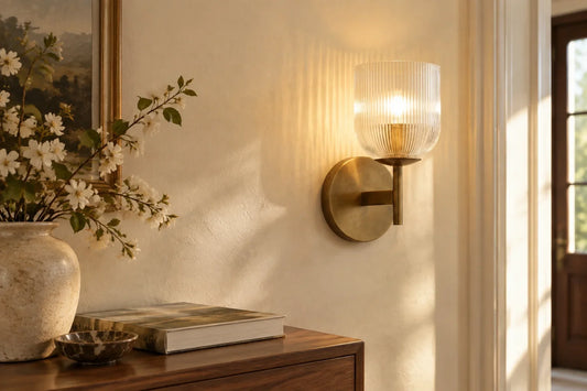 Illustrative entryway with a clear ribbed glass and aged brass wall sconce