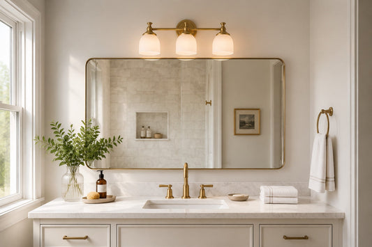A bright Modern American bathroom vanity with well-proportioned brass light fixtures illuminating a marble countertop.