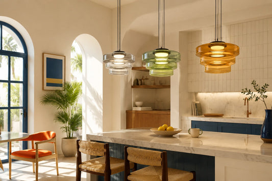 Visual representation of proper hanging height and spacing for multi-pendant lights over a surface.