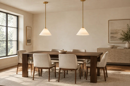 Illustrative dining room with two brass and milk glass cone pendants above a walnut table