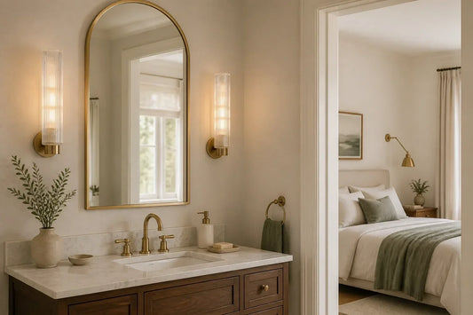 Ribbed glass wall sconces in a warm bathroom and bedroom interior