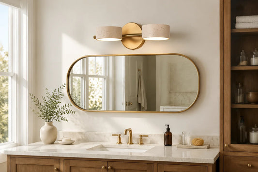 Two-light travertine vanity fixture above a brass bathroom mirror