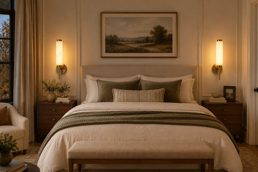 Wide warm bedroom scene with paired alabaster wall sconces beside a linen headboard