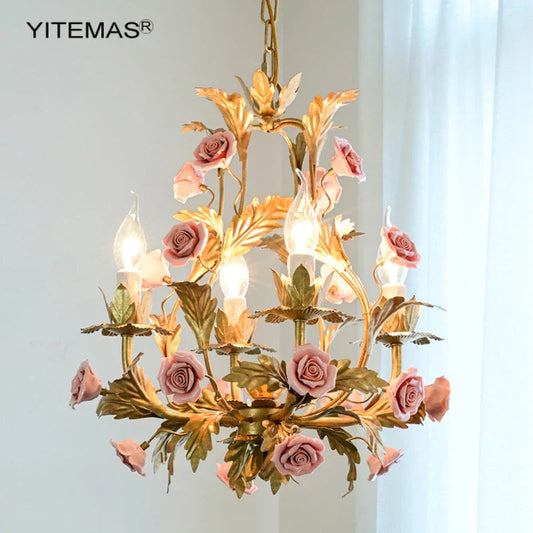 Pink Ceramic Flower Chandelier: Luxury Gold Princess Chandelier for Girls' Room