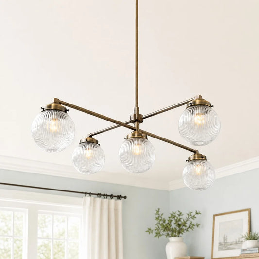 Hesper Modern Brass Ribbed Glass Globe Chandelier