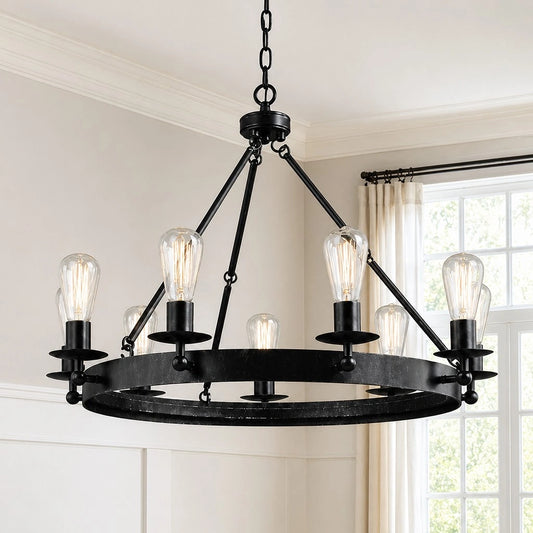 Lauren Industrial Black Metal Round Chandelier