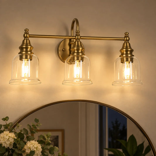 Aurelia Brass vanity light warm evening scene