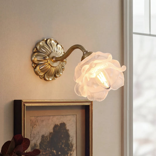 Frosted Layered Glass Flower Wall Light with Brushed Brass Carved Flower Lamp Fixture