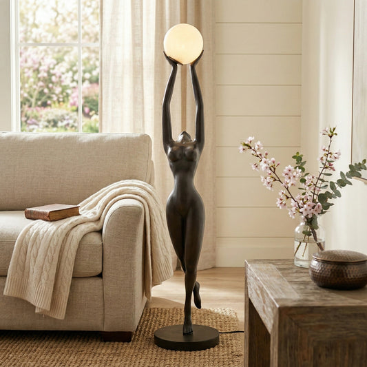 Hermes Modern Minimalist Resin Lady Sculpture Sphere Glass Shade Floor Light