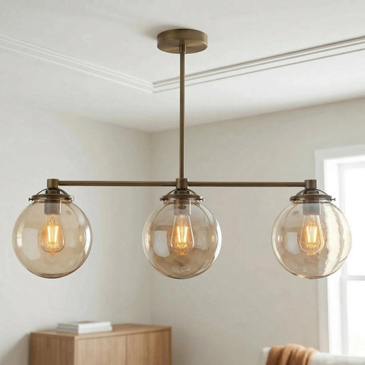 Sincerity Modern Linear Globe Amber Glass Brass Chandelier