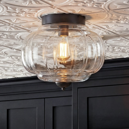 Vintage Fluted Glass Semi-Flush Mount Ceiling Light Fixture for Bedroom Hallway