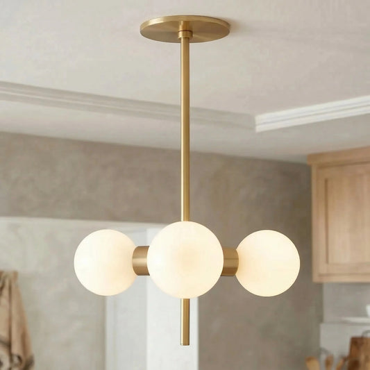 Shanida Modern Linear Triple Sphere Opal Glass Brass Chandelier