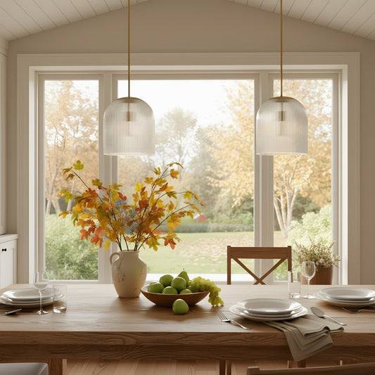 Modern Farmhouse Cooper Ribbed Glass Pendant Light for Dining Room