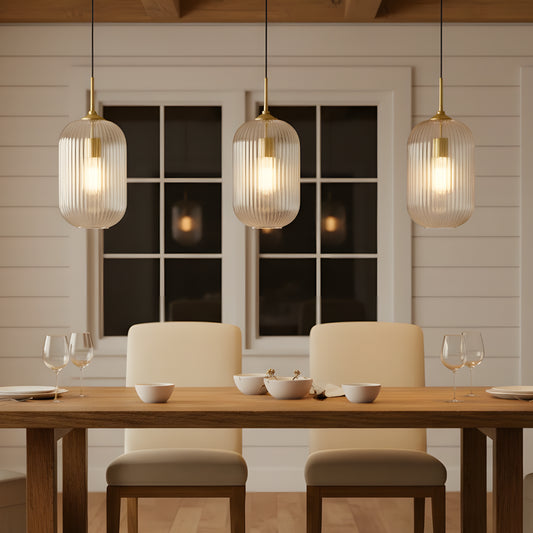 Modern Farmhouse Ribbed Clear Glass Pendant Light for Kitchen Island