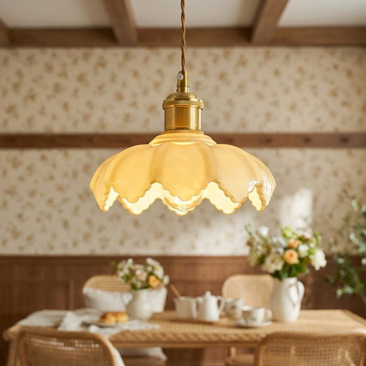 White Opaline Glass Lotus Flower Pendant LED Light with Brushed Brass Lamp Holder in Vintage Style