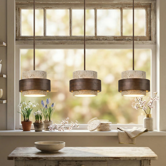 Wabi-Sabi Cylindrical Travertine Wood and Stone Pendant Light