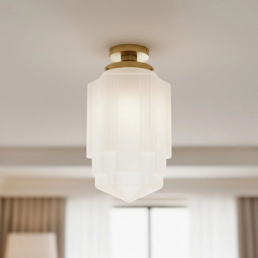 Quavis Art Deco Fluted Skyscraper Opal Glass Brass Ceiling Light