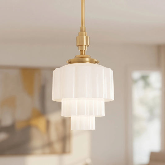 Irene Modern Stepped Geometric White Glass Brass Pendant Light