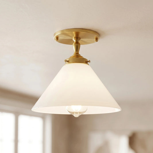 Bertram Classic Pyramid Shade Milk Glass Brass Ceiling Light
