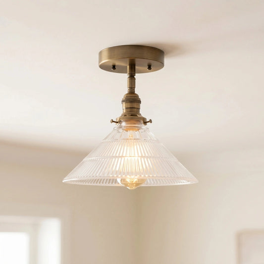 Penelope Vintage Industrial Ribbed Cone Aged Brass Ceiling Light