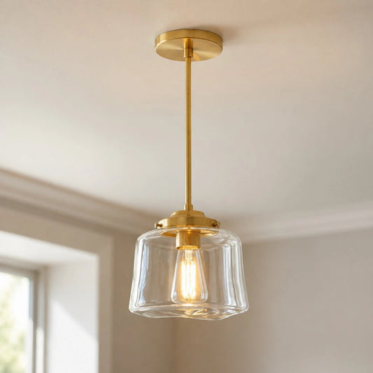 Abbie Modern Long Stem Wide Drum Brass Glass Pendant Light