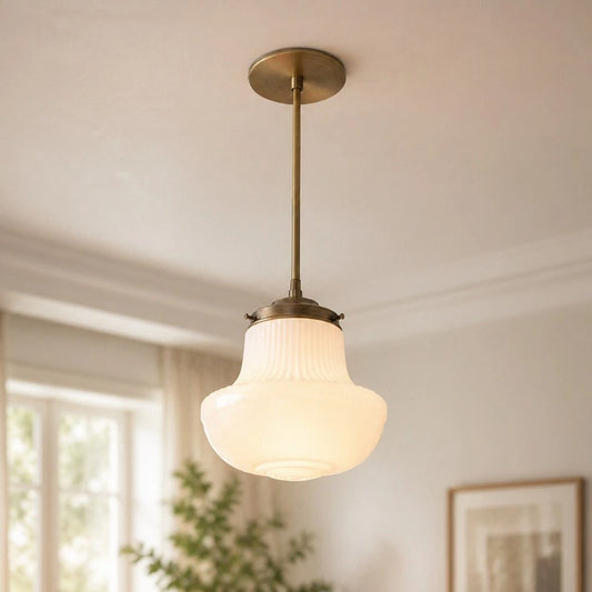 Adele Vintage Flared Ribbed Antique Brass Glass Pendant Light