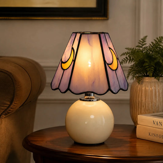 Cerys Mushroom Tiffany Moon Stained Glass Table Lamp with Ceramic Base