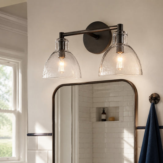 Yvette Vintage Brass Dome Hammered Glass 1/2/3-Light Bathroom Vanity Wall Sconce