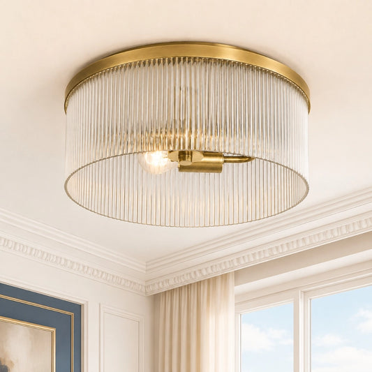 Maya Rustic Farmhouse Round Ribbed Glass Ceiling Light