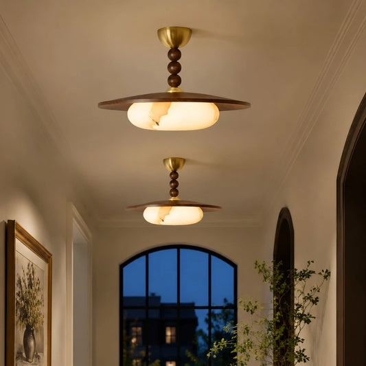 Briony Vintage Walnut Alabaster Ceiling Light