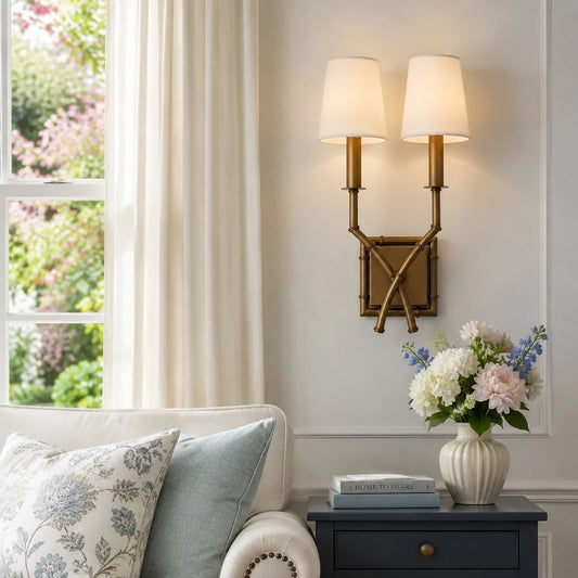 Soleil Vintage Double Arm Bamboo Brass Fabric Wall Sconce