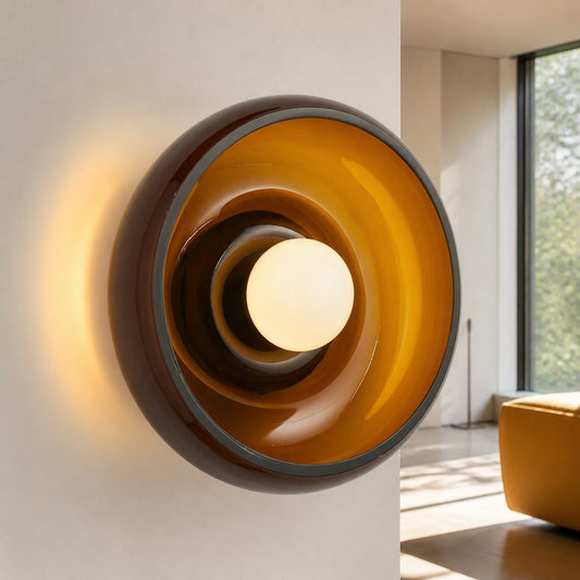 Modern Round Concave Amber Glass/Alabaster Bowl Wall Sconce