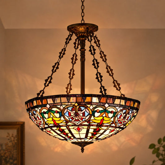 Hand‑Cut Copper Foil Stained Glass Tiffany Bowl Pendant Light