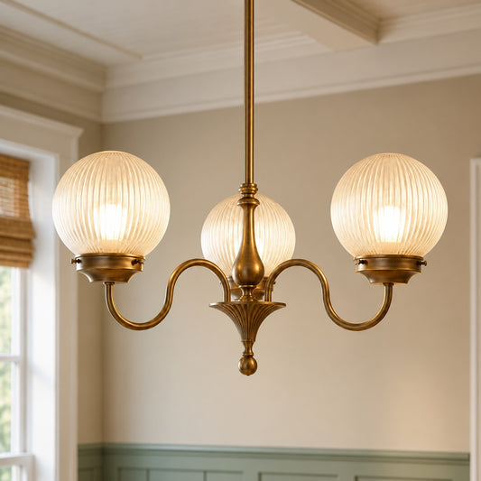 Antique Brass Globe Ribbed Glass Chandelier