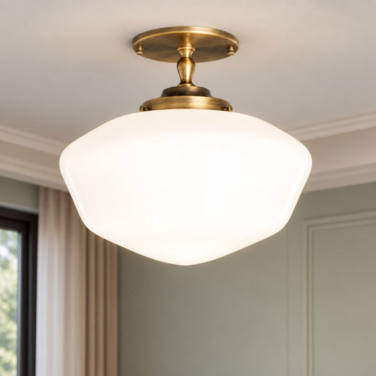 Zachary Vintage Schoolhouse Art Deco Wavy Bowl Opal Glass Ceiling Light