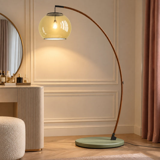 Mila Modern Arc Green/Amber Glass Floor Lamp for Reading Corner