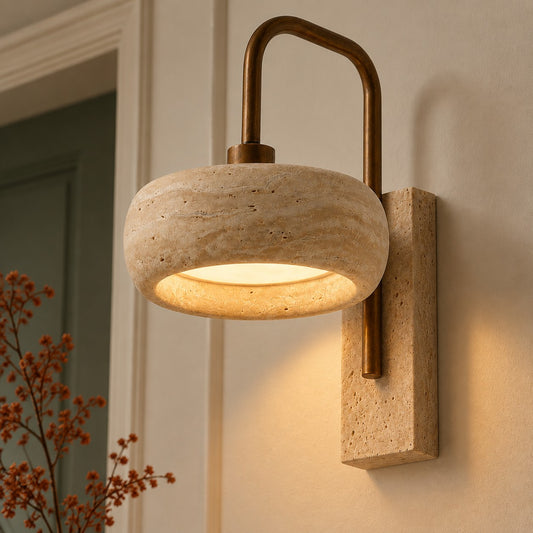 Tavik Vintage Rustic Travertine Stone Cylinder Wall Sconce