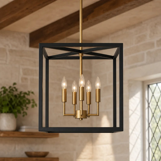 Ivy Farmhouse Square Lantern Glass Metal Pendant Light