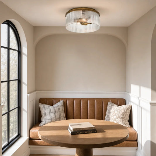 Maya Rustic Farmhouse Round Ribbed Glass Ceiling Light