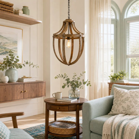 Zelia Farmhouse Wood Pendant with Open Cage Design