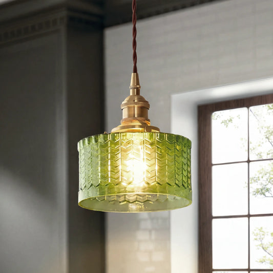 Zinnia Industrial Vintage Green Embossed Glass Pendant Light