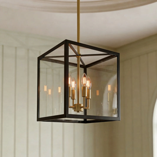 Farmhouse Square Lantern Glass Metal Pendant Light