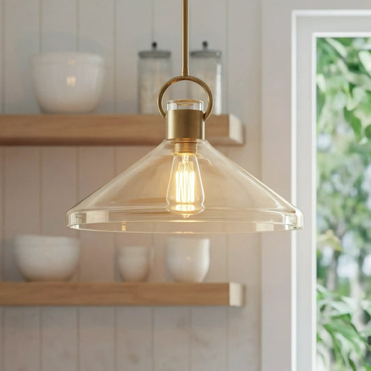 Modern Farmhouse Wide Cone Recycled Clear Glass Brass Pendant Light
