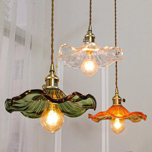 Glass Hibiscus Flower Pendant LED Light in Vintage Style