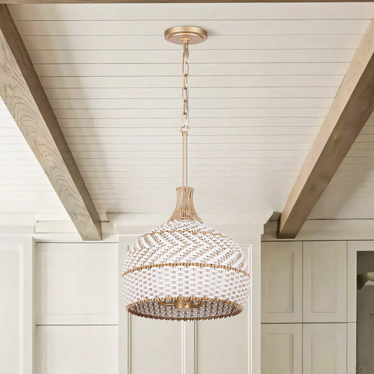 3 Light Rustic Rattan Two Tone Color Dome Pendant Light